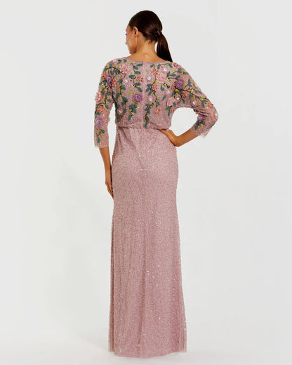 Mac Duggal Purple Floral Embellished Long Sleeve Gown