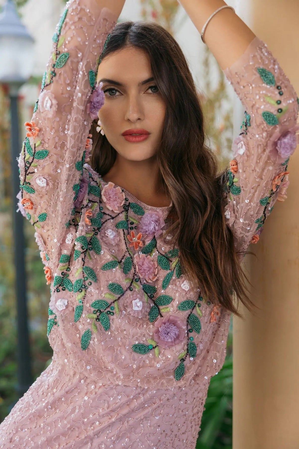 Mac Duggal Purple Floral Embellished Long Sleeve Gown
