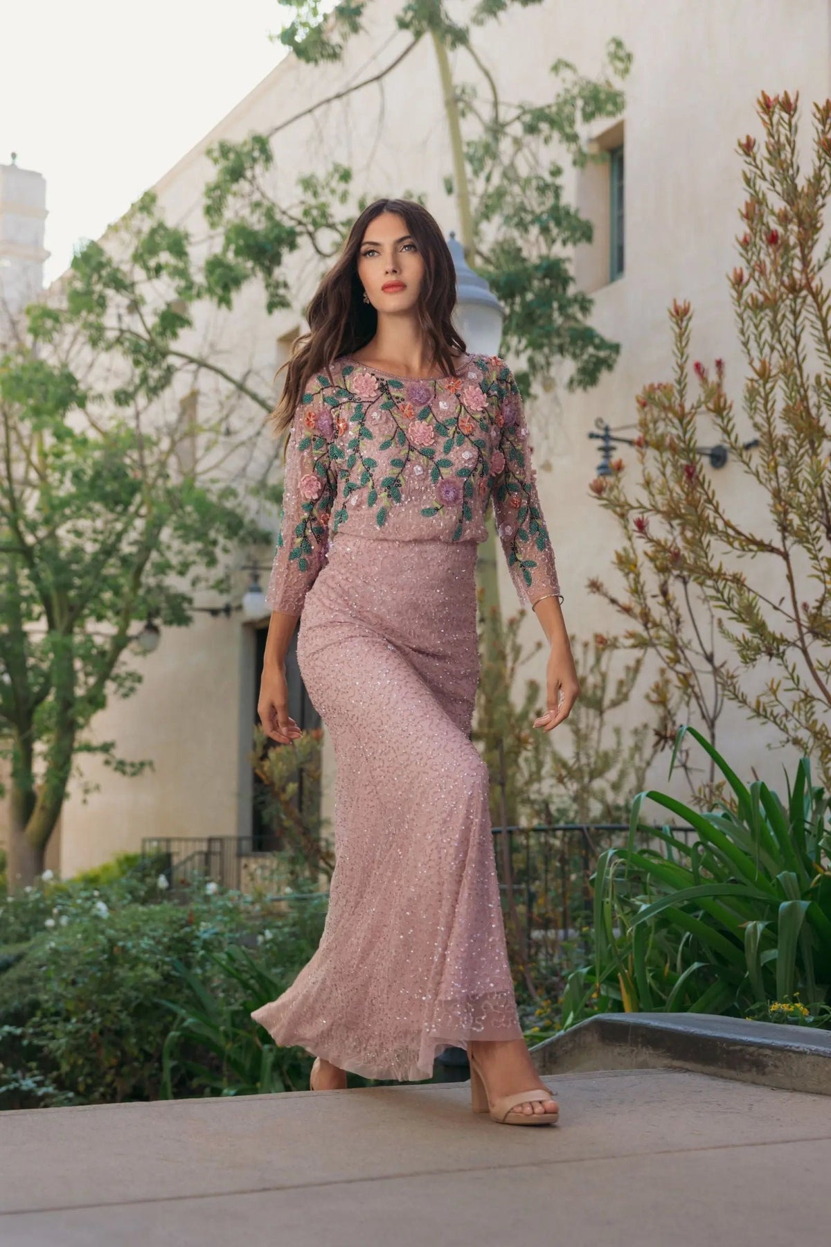 Mac Duggal Purple Floral Embellished Long Sleeve Gown