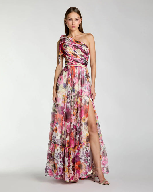 Mac Duggal Multicolor Floral Chiffon One Shoulder Cut Out Gown