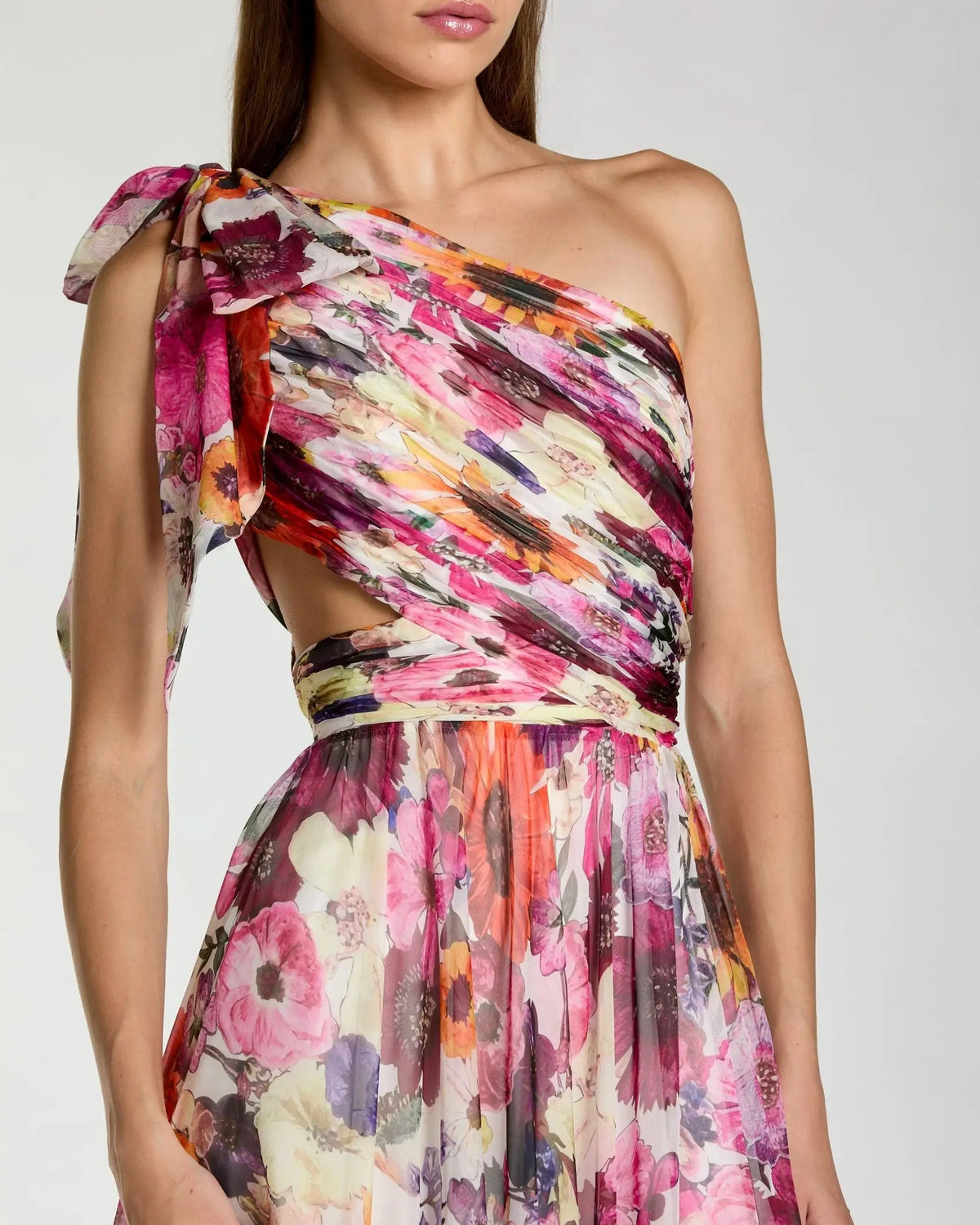 Mac Duggal Multicolor Floral Chiffon One Shoulder Cut Out Gown