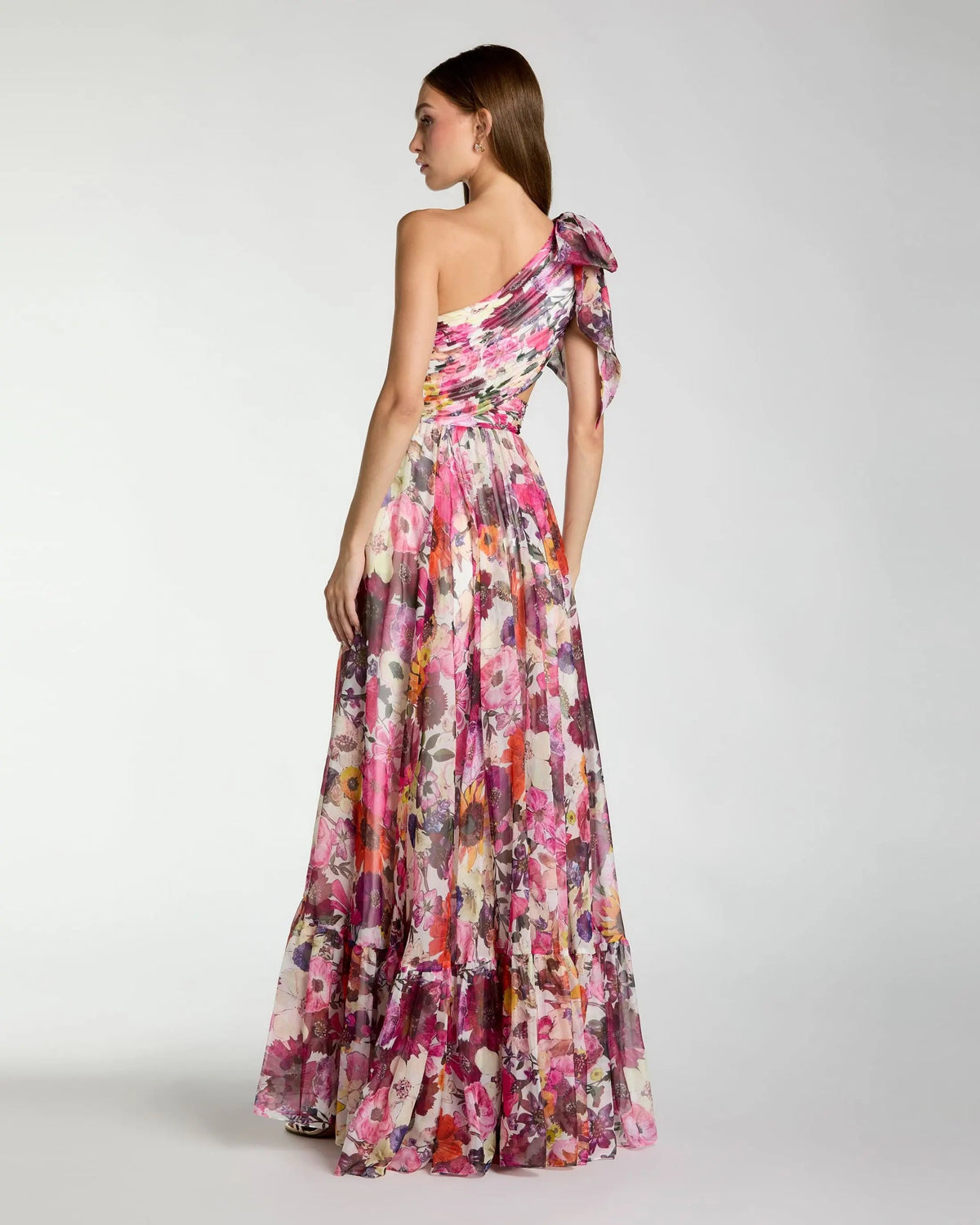 Mac Duggal Multicolor Floral Chiffon One Shoulder Cut Out Gown