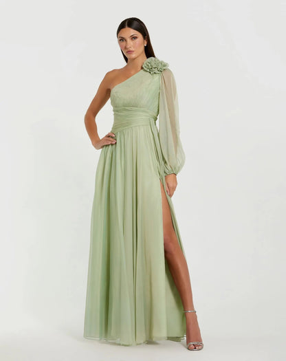 Mac Duggal Sage Green One Shoulder 3D Flower Gown With Slit