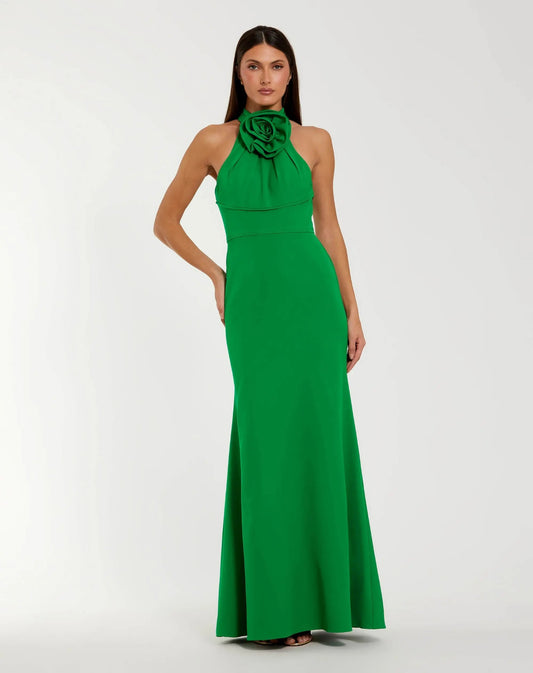 Mac Duggal Green Sleeveless Halter Neck Gown with Rosette Detail
