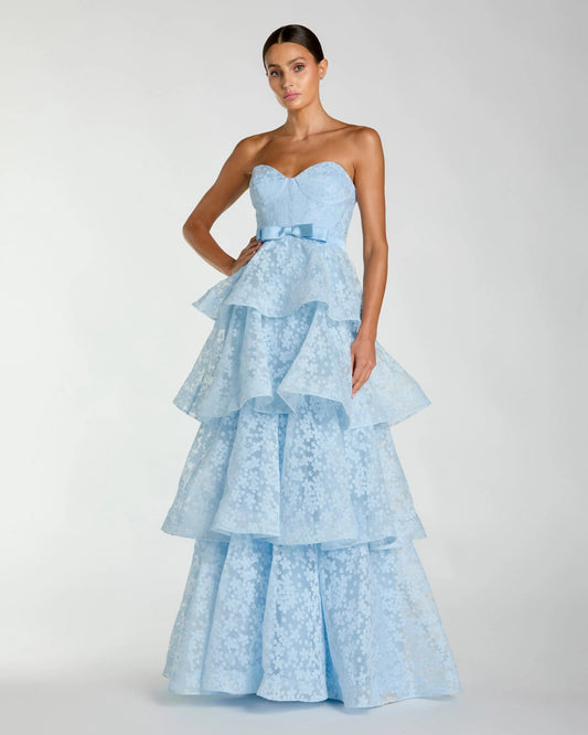 Mac Duggal Blue Strapless Floral Organza Tiered Gown with Bow
