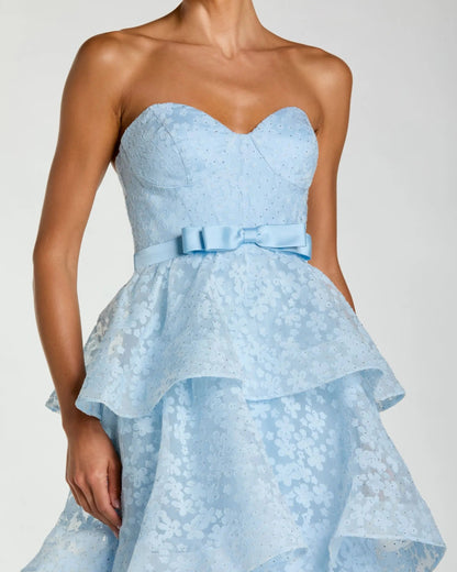 Mac Duggal Blue Strapless Floral Organza Tiered Gown with Bow