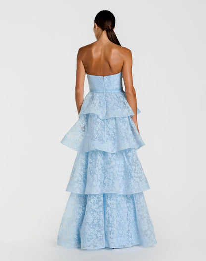 Mac Duggal Blue Strapless Floral Organza Tiered Gown with Bow