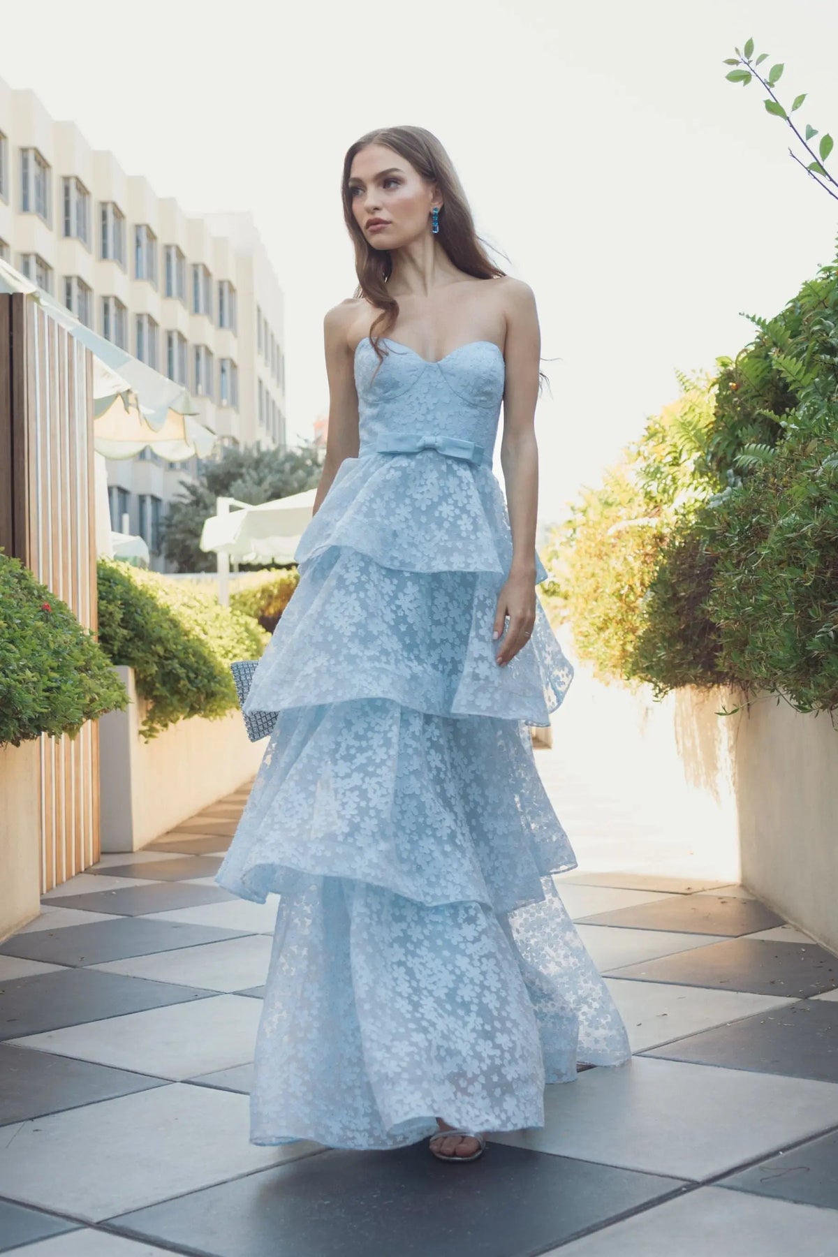 Mac Duggal Blue Strapless Floral Organza Tiered Gown with Bow