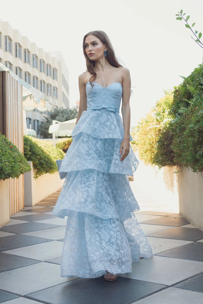 Mac Duggal Blue Strapless Floral Organza Tiered Gown with Bow