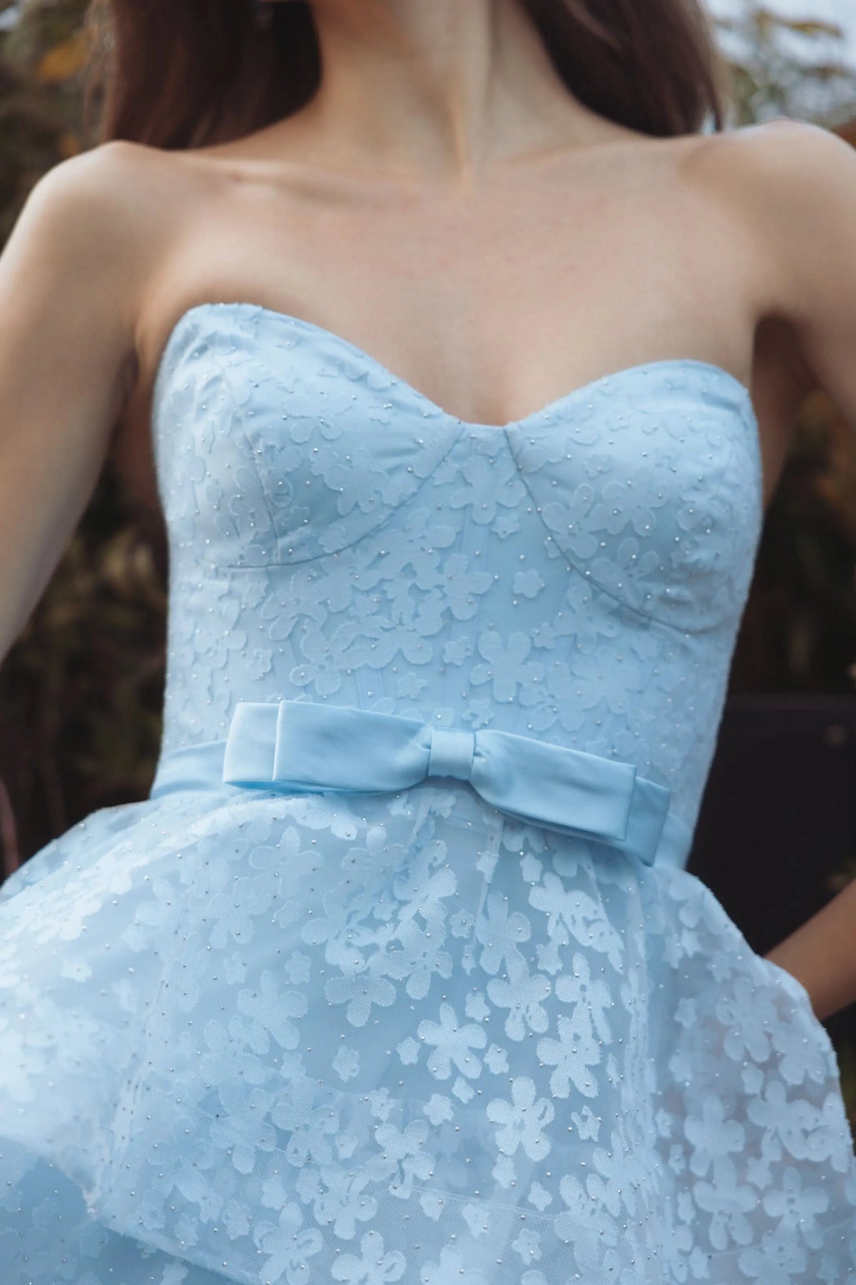 Mac Duggal Blue Strapless Floral Organza Tiered Gown with Bow