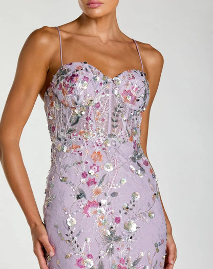 Mac Duggal Purple Spaghetti Strap Floral Embroidered Trumpet Gown