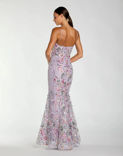Mac Duggal Purple Spaghetti Strap Floral Embroidered Trumpet Gown