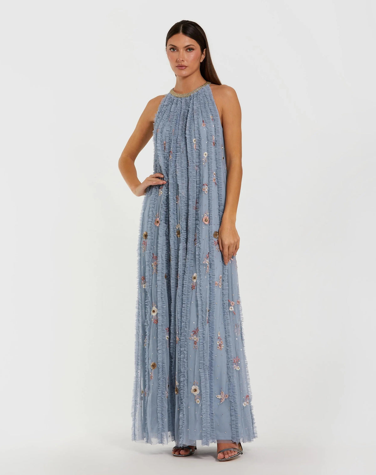 Mac Duggal Blue Ruffled Trapeze Gown with Floral Embroidery
