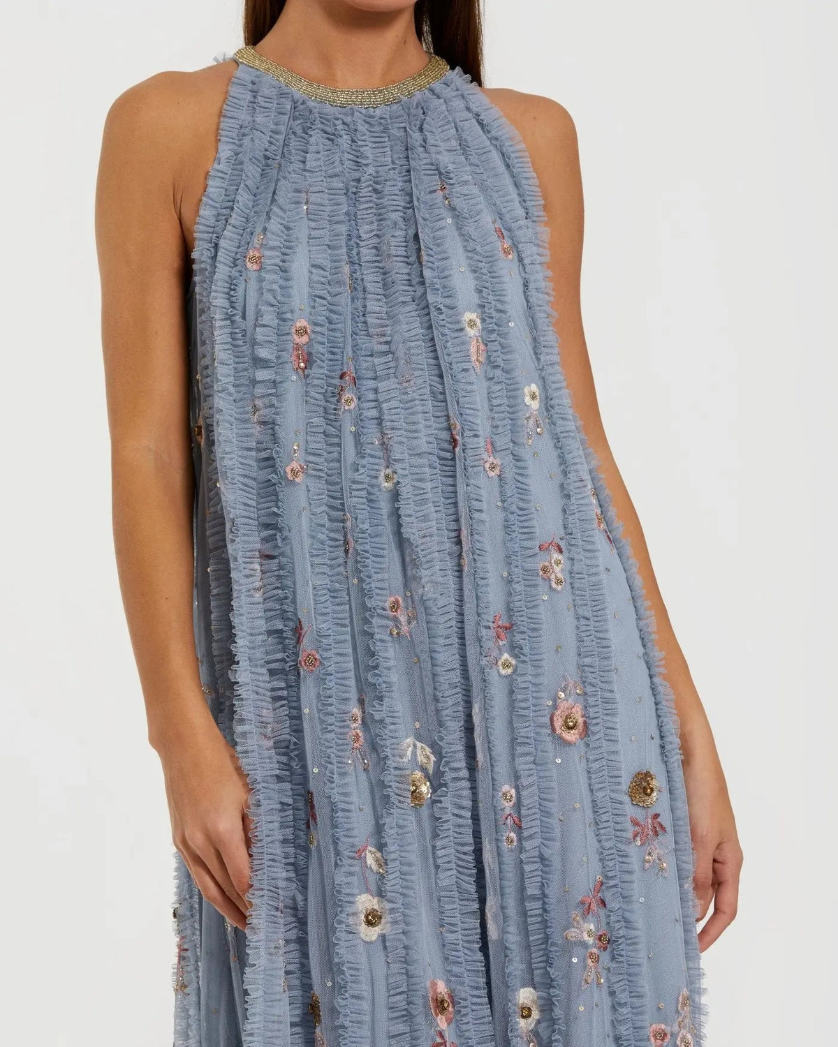 Mac Duggal Blue Ruffled Trapeze Gown with Floral Embroidery
