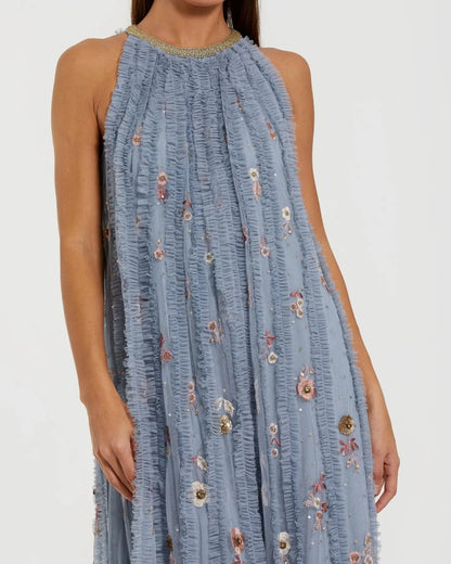 Mac Duggal Blue Ruffled Trapeze Gown with Floral Embroidery