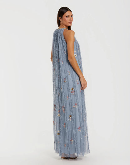 Mac Duggal Blue Ruffled Trapeze Gown with Floral Embroidery
