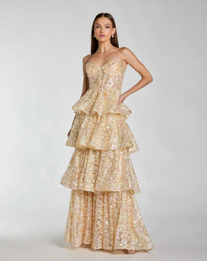 Mac Duggal Light Gold Embellished Strapless Sweetheart Ruffle Gown