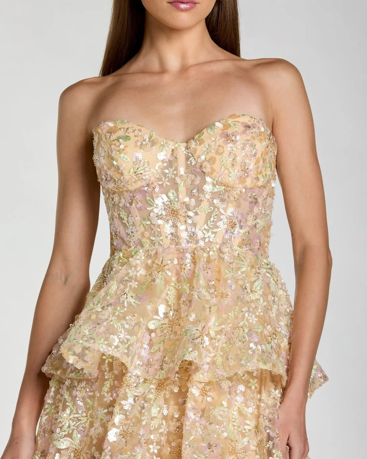 Mac Duggal Light Gold Embellished Strapless Sweetheart Ruffle Gown