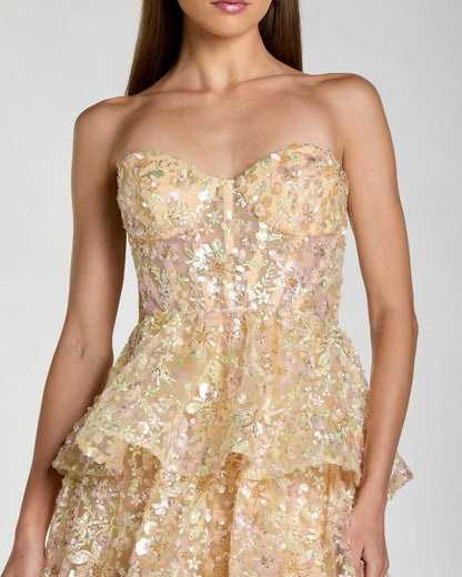 Mac Duggal Light Gold Embellished Strapless Sweetheart Ruffle Gown