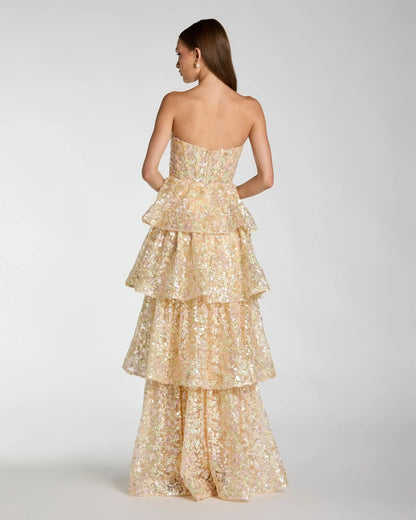 Mac Duggal Light Gold Embellished Strapless Sweetheart Ruffle Gown