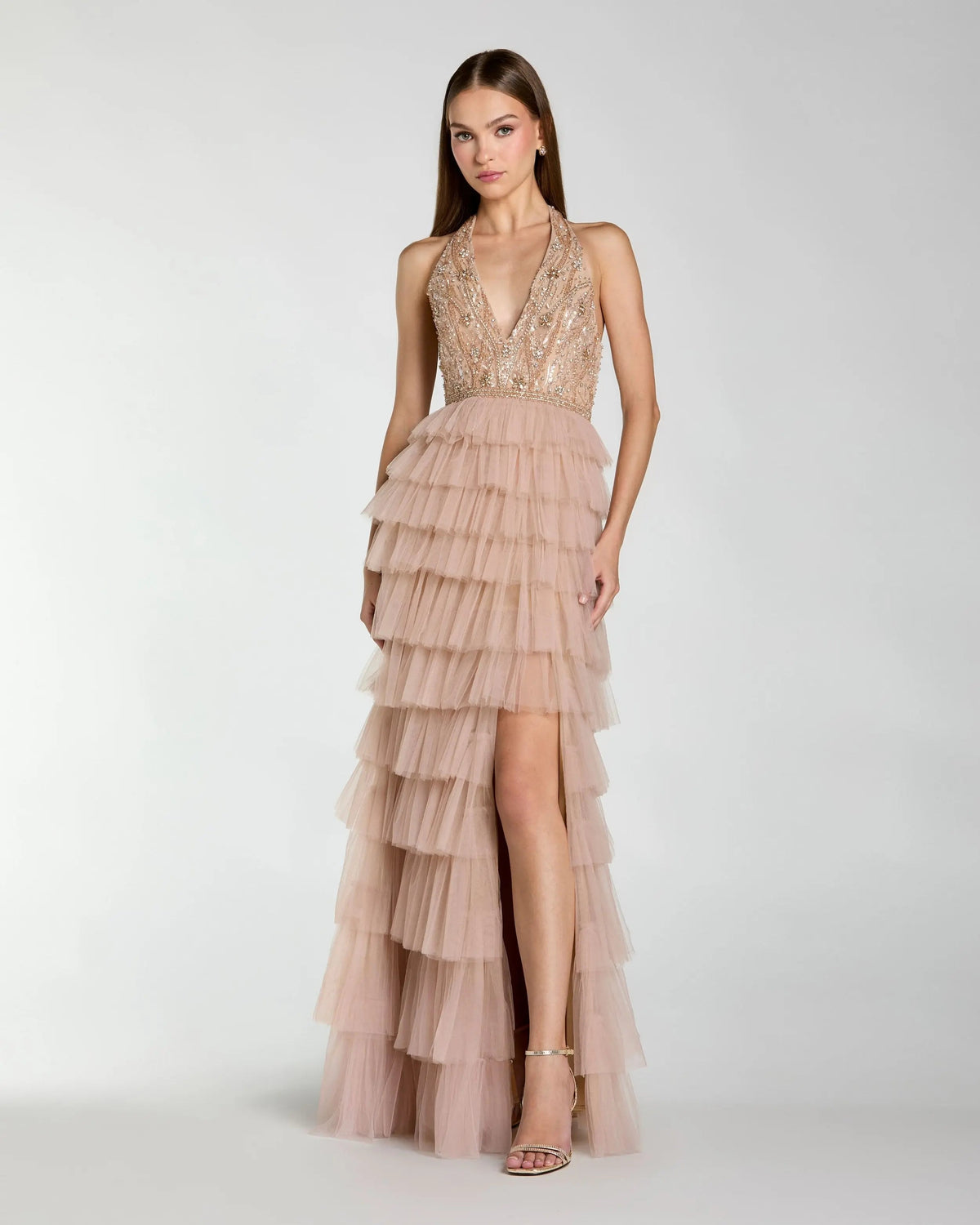 Mac Duggal Nude Embellished Tiered Ruffle Gown