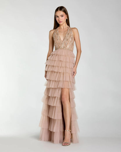 Mac Duggal Nude Embellished Tiered Ruffle Gown