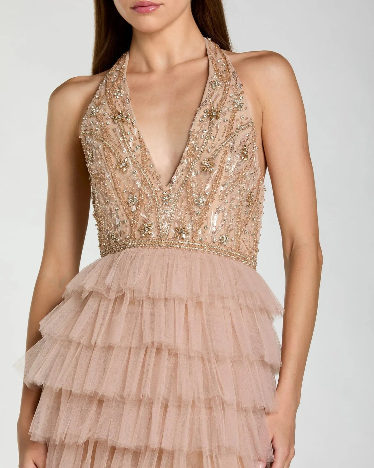 Mac Duggal Nude Embellished Tiered Ruffle Gown
