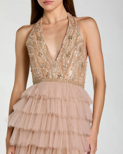 Mac Duggal Nude Embellished Tiered Ruffle Gown
