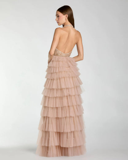 Mac Duggal Nude Embellished Tiered Ruffle Gown