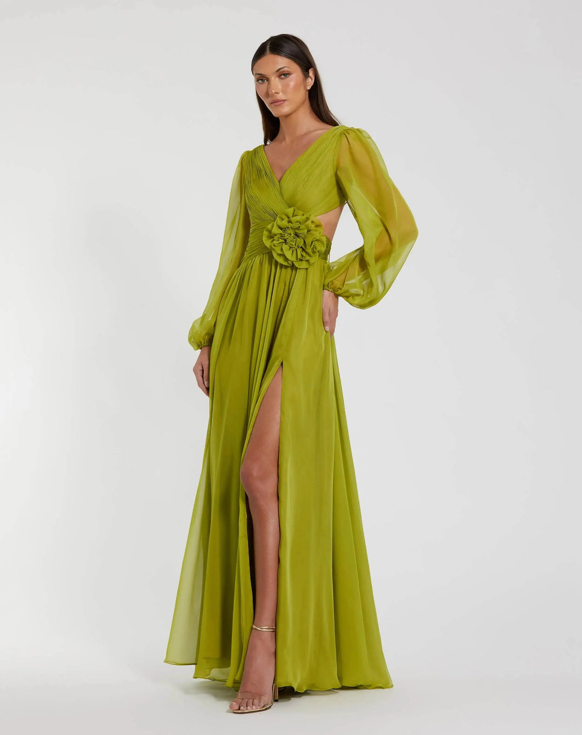 Mac Duggal Green Long Sleeve V-Neck Chiffon Gown With 3D Flower