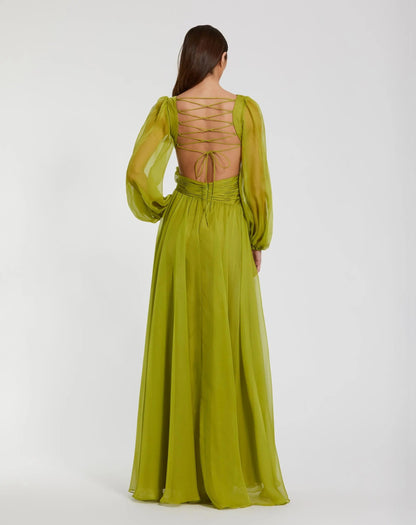 Mac Duggal Green Long Sleeve V-Neck Chiffon Gown With 3D Flower