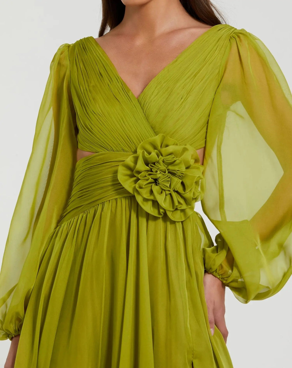 Mac Duggal Green Long Sleeve V-Neck Chiffon Gown With 3D Flower
