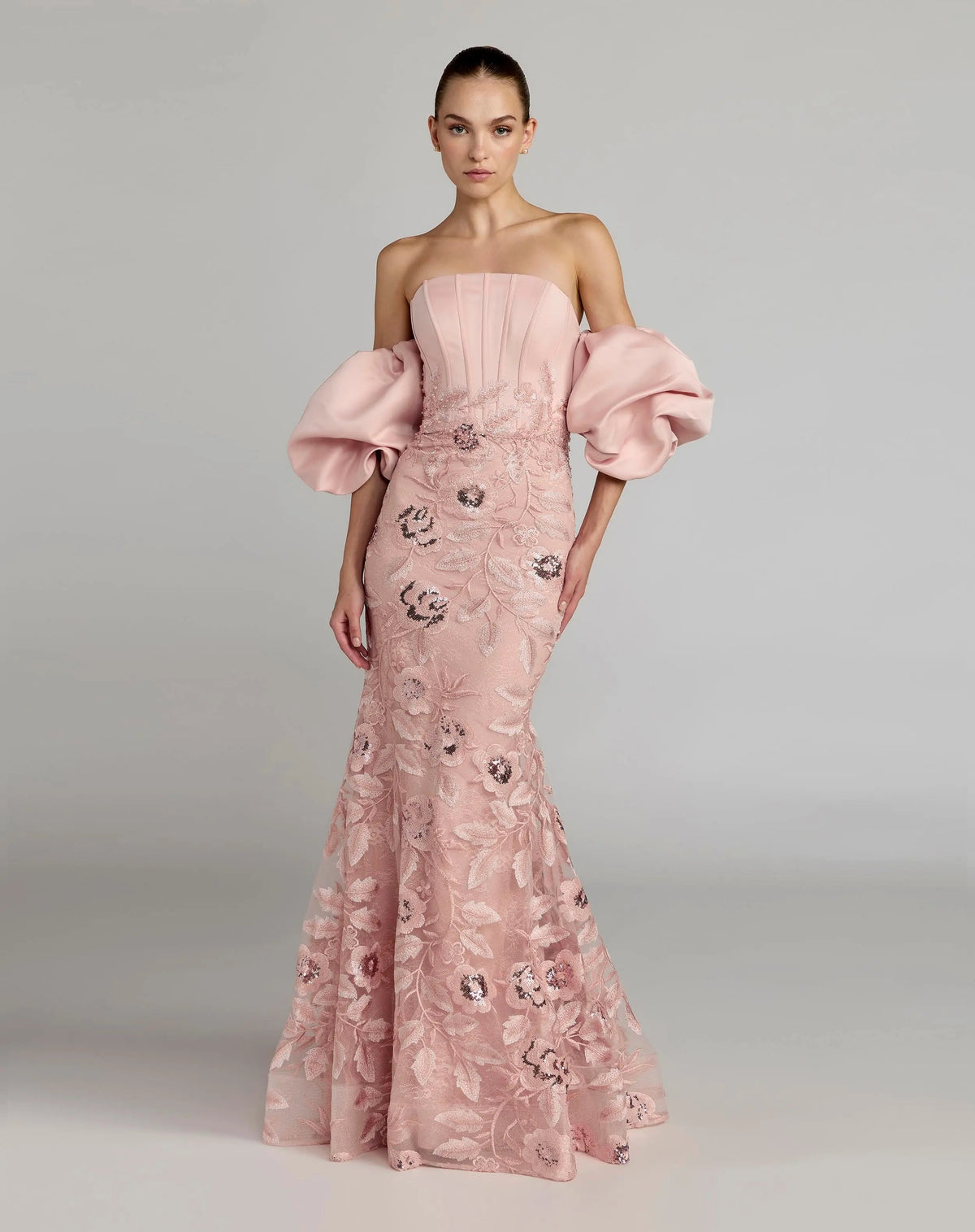 Mac Duggal Pink Satin Off The Shoulder Embroidered Mermaid Gown