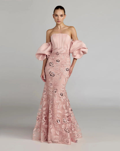 Mac Duggal Pink Satin Off The Shoulder Embroidered Mermaid Gown
