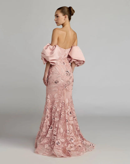 Mac Duggal Pink Satin Off The Shoulder Embroidered Mermaid Gown