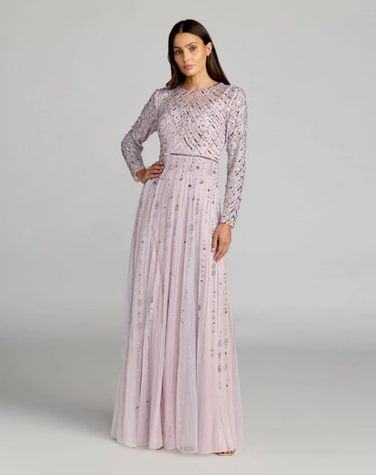 Mac Duggal Purple Embellished Long Sleeve Evening Gown