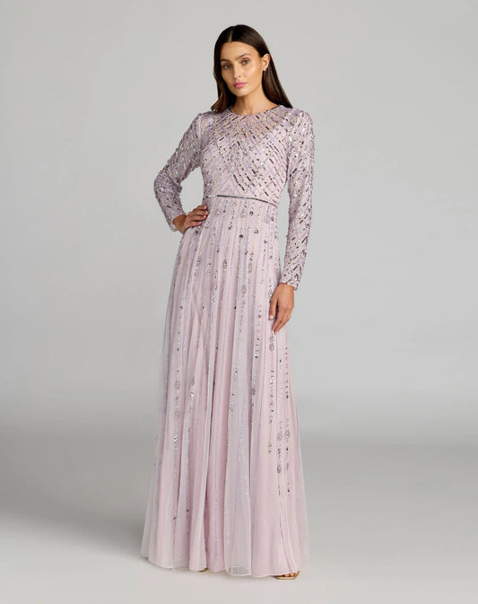 Mac Duggal Purple Embellished Long Sleeve Evening Gown