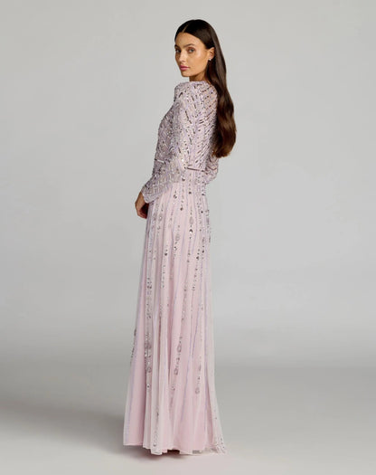 Mac Duggal Purple Embellished Long Sleeve Evening Gown