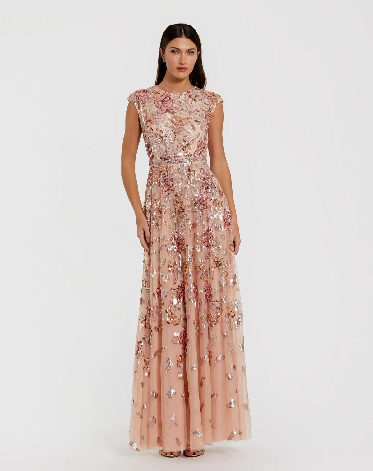 Mac Duggal Orange Sequin High Neck Cap Sleeve A Line Gown