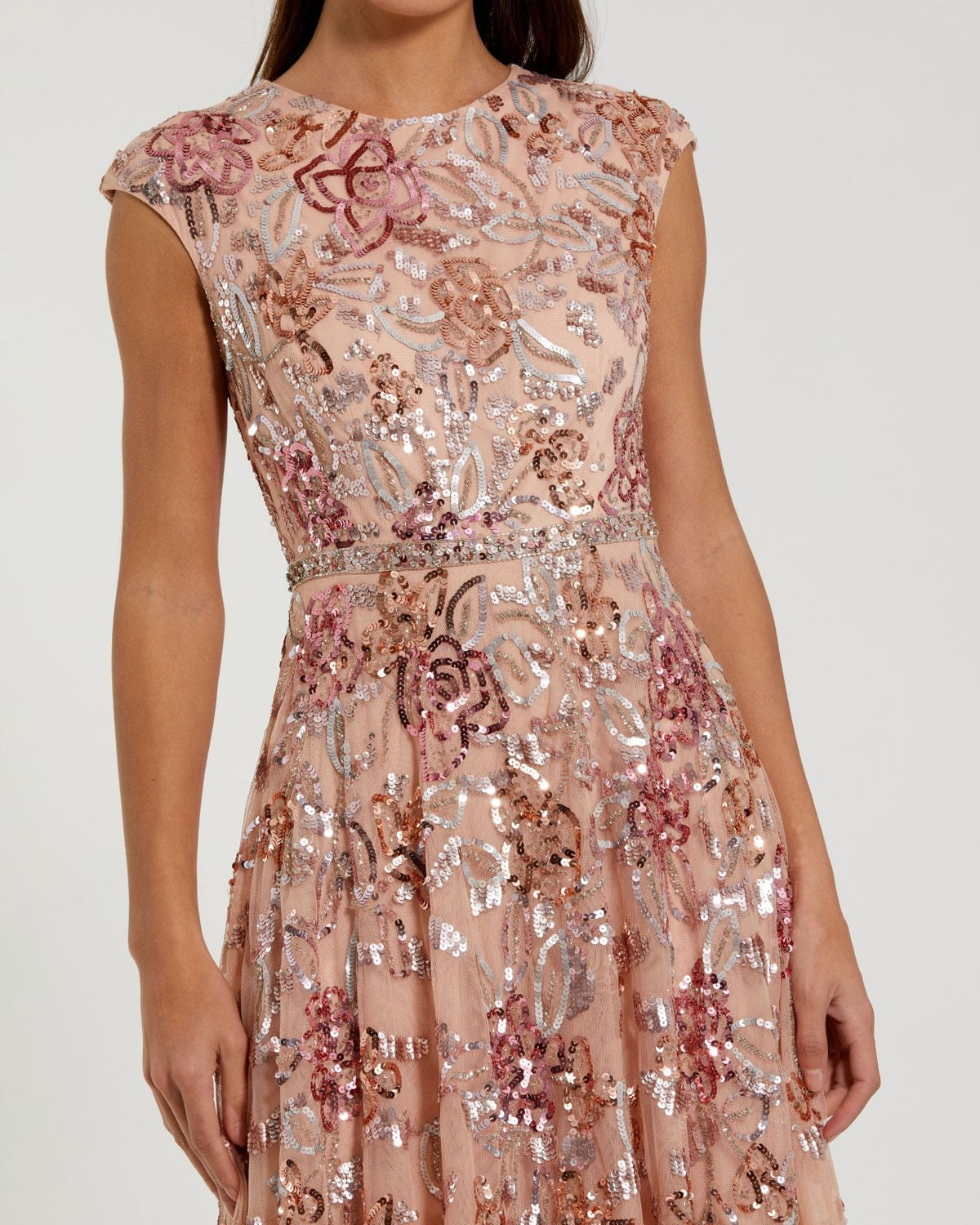 Mac Duggal Orange Sequin High Neck Cap Sleeve A Line Gown