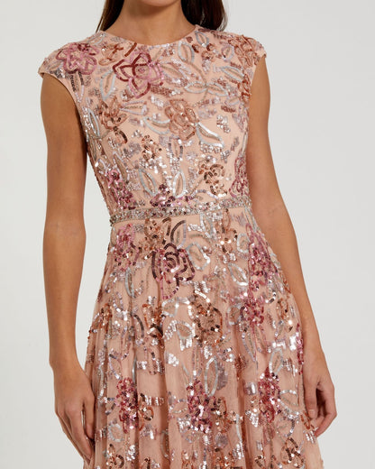 Mac Duggal Orange Sequin High Neck Cap Sleeve A Line Gown