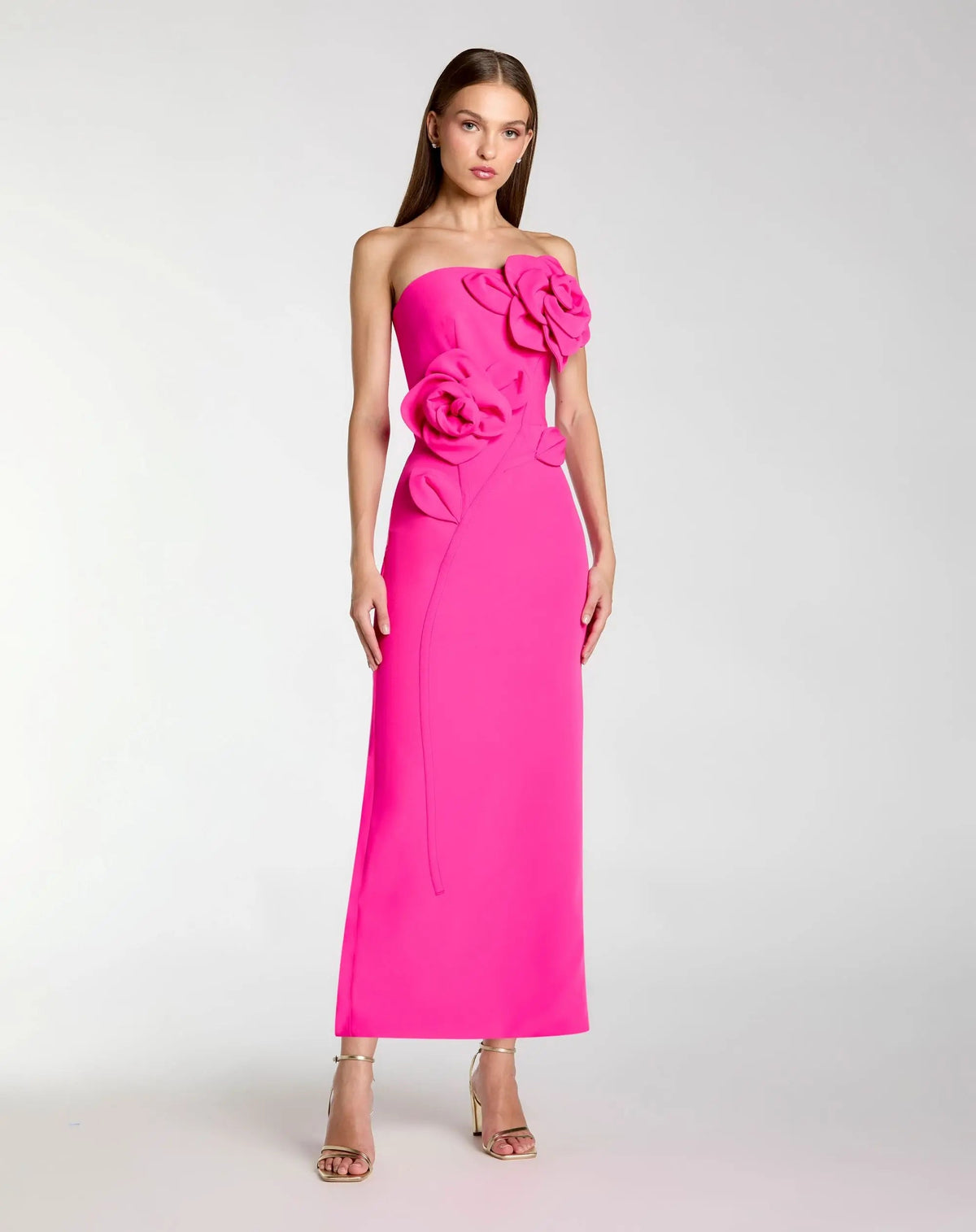 Mac Duggal Pink Strapless Crepe Dress With 3D Flower Detail