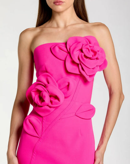 Mac Duggal Pink Strapless Crepe Dress With 3D Flower Detail