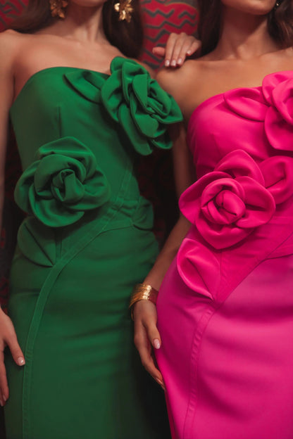 Mac Duggal Pink Strapless Crepe Dress With 3D Flower Detail