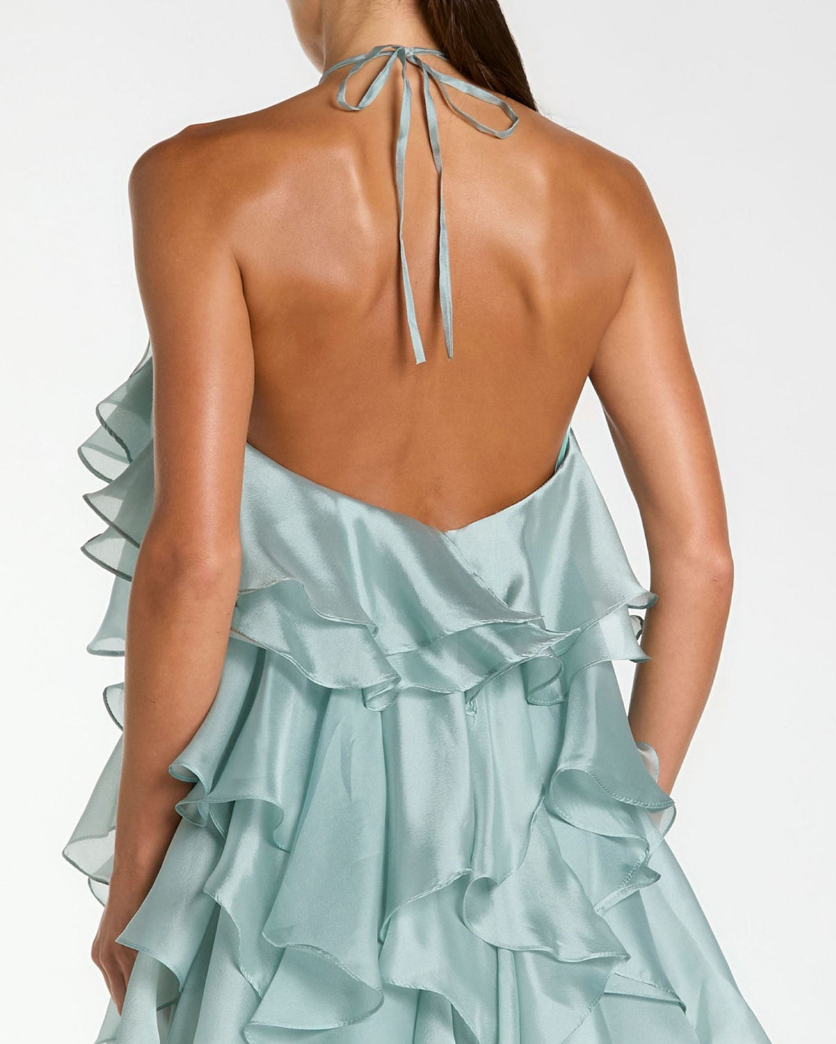 Mac Duggal Blue Organza Halter Neck Open Back Ruffle Gown