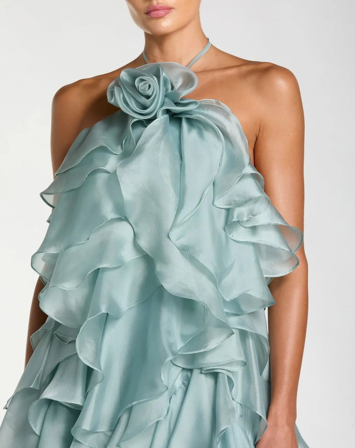 Mac Duggal Blue Organza Halter Neck Open Back Ruffle Gown