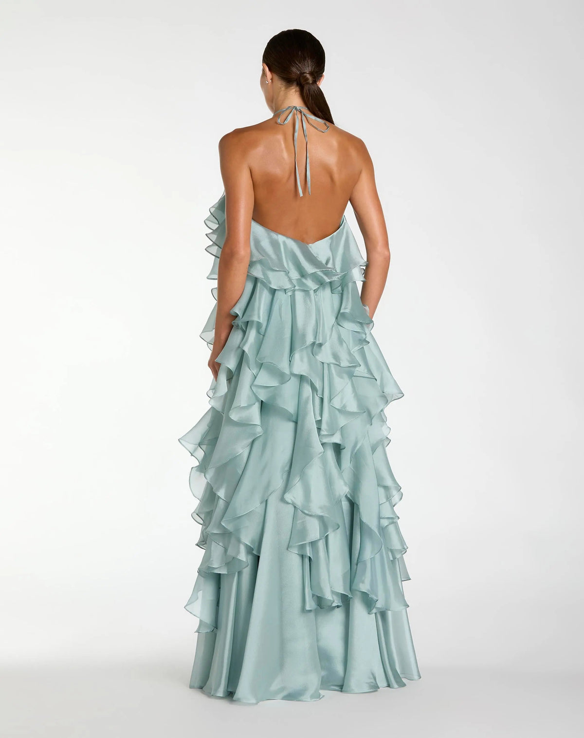 Mac Duggal Blue Organza Halter Neck Open Back Ruffle Gown