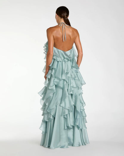 Mac Duggal Blue Organza Halter Neck Open Back Ruffle Gown