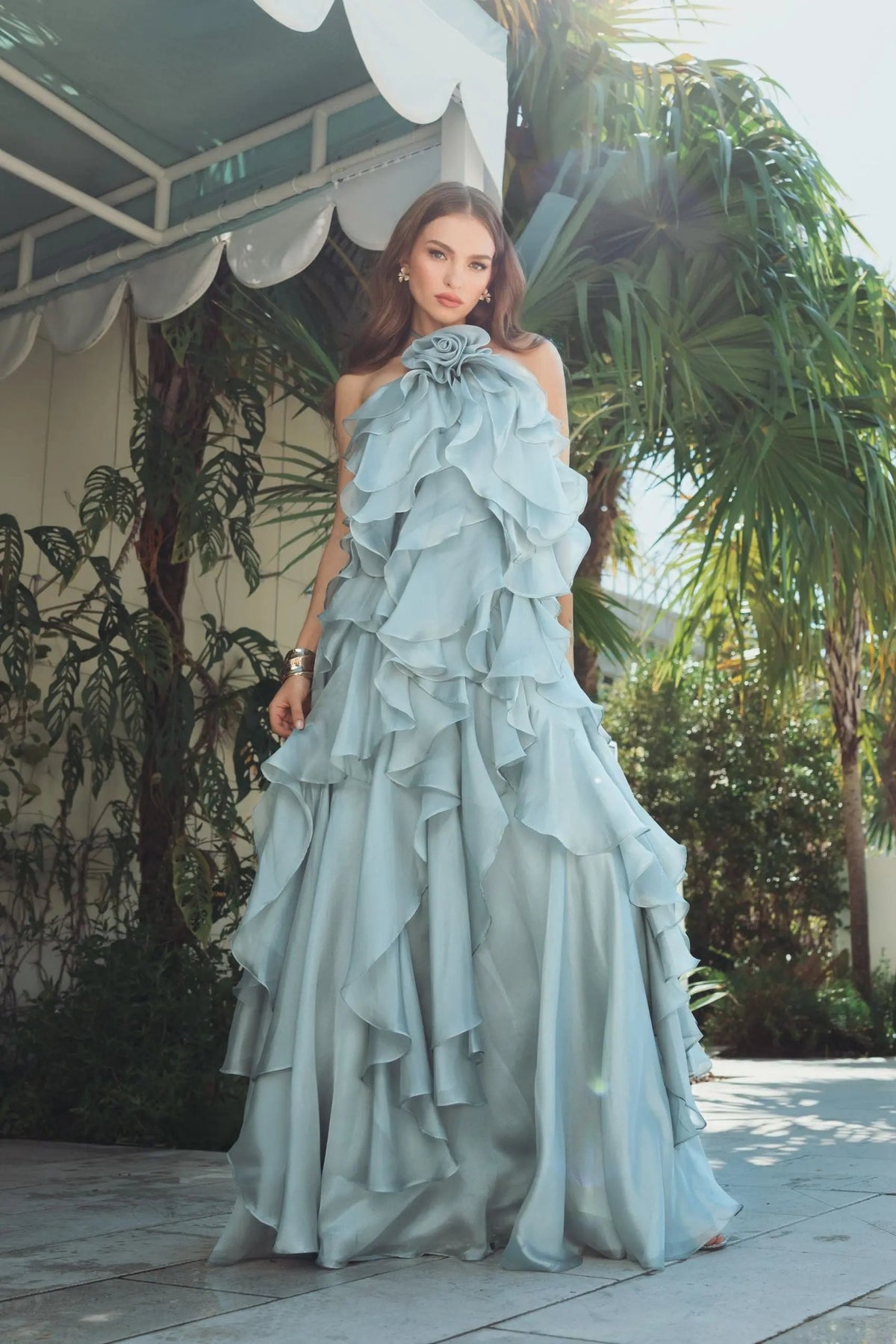 Mac Duggal Blue Organza Halter Neck Open Back Ruffle Gown