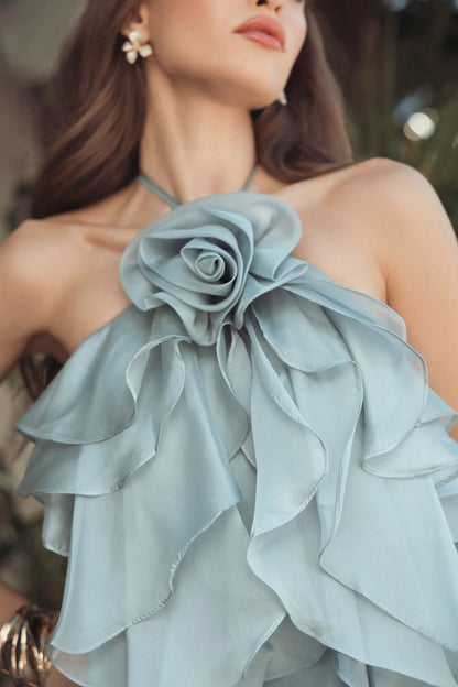 Mac Duggal Blue Organza Halter Neck Open Back Ruffle Gown